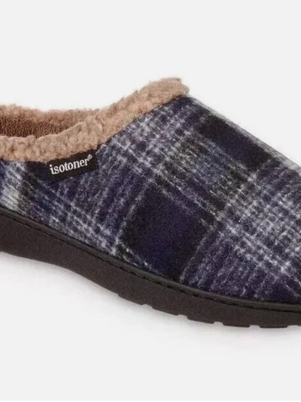 New Mens Isotoner Memory Foam Blue Plaid Hoodback Slippers Shoes XXL 13 - 14